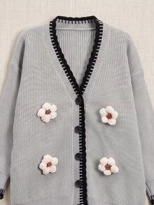 Women's Winter 3D Floral Knit Cardigan - Contrast Trim Cardigan, Christmas New Year Holiday - Grey - View 7