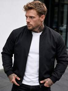 Men's Long Sleeve Fashionable Baseball Collar Jacket, Spring & Autumn - Black - View 1