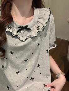 1pc Women's Nightgown, Spring/Summer Pullover Bow Print Fashion Short Sleeve Sleep Dress, Comfortable For Home Wear - Grey - View 6