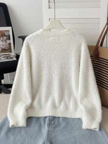 Girls' Street Style Cat Faux Mink Knit Pullover Sweater, Suitable For Casual Wear In Spring, Autumn And Winter - White - View 4