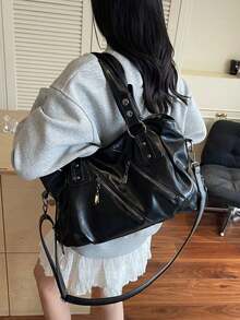 1件復古大容量手提包，復古PU材質單肩斜挎包，女款休閒托特包與錢包，新款女式托特包，適合辦公室、學校、學生、返校、工作、商務活動、通勤、戶外活動、旅行與出遊，折疊出貨 - 黑色 - 查看 2