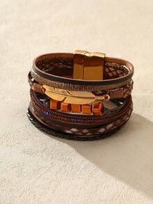 Nocturel 1pc Leather Cuff Bracelet Multilayer Wrap Bracelet Crystal Artificial Feather Bangle With Magnetic Clasp For Women - Brown - View 2