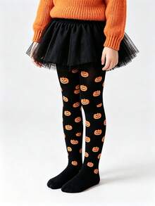 Halloween Pumpkin Print Cartoon Pattern Kids Tights, Cosplay Witch Accessory - Black - View 2
