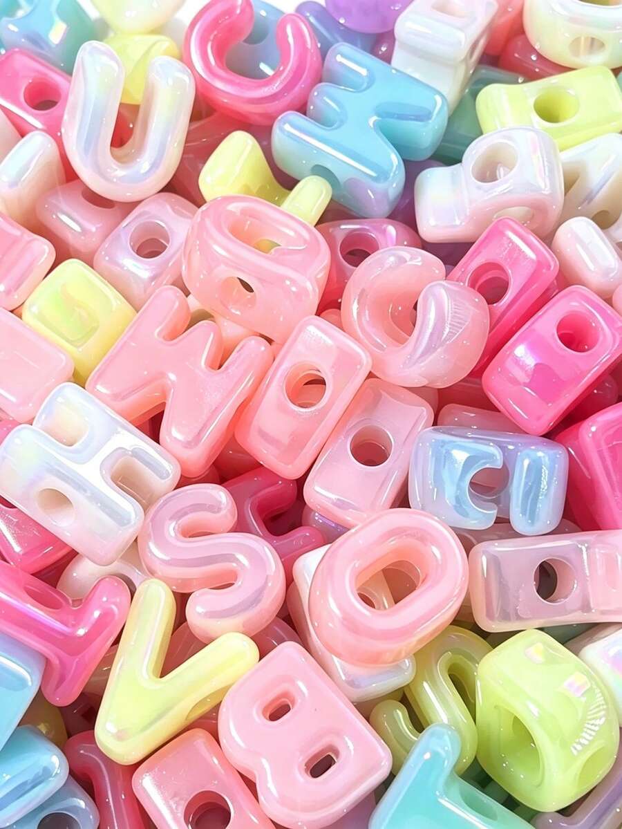 110pcs Mixed Random Rainbow Color UV Coated Acrylic Letter Beads, DIY Jewelry Making Bracelet Keychain Accessories - Multicolor - View 1