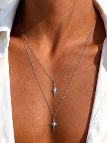2pcs Fashion Minimalist Star Pendant Necklace, Metal Chain Necklace Set, Suitable For Daily Commute Wear, Casual Style Accessory, Ideal Gift For Men, Birthday Gift, Holiday Gift - 2pcs - View 2