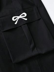 Sweet Cool Girl Cargo Wide Leg Pants, Bow Print Side Pocket Elastic Waist Loose Fit Long Pants For Girls, Spring/Autumn - Black - View 5