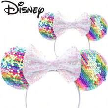 Disney 迪士尼米妮鼠耳髮箍，彩虹亮片耳朵，白色全息亮片蝴蝶結，閃亮鼠耳髮飾，適合主題樂園 - 查看 3
