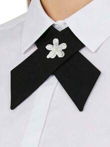 Solid Color Cross-Neck Bow Tie, Versatile Minimalist Cute Floral Tie - Black + Small Floral - View 1
