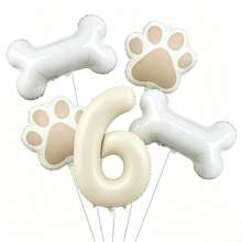 5Pcs Cream Number 0‑9 Dog Bone Paw Print Foil Balloon Set, Pet Theme Birthday Party Decor - View 7