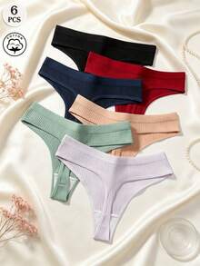 6pcs Women's Ribbed Thong Panties, Loose Fit With Elastic Waistband, Suitable For Bodysuits, Daily Home Wear Underwear Set - Multicolor - View 1