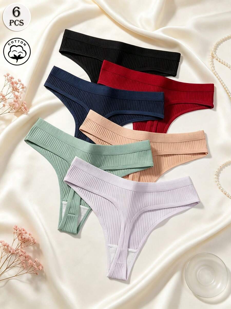 6pcs Women's Ribbed Thong Panties, Loose Fit With Elastic Waistband, Suitable For Bodysuits, Daily Home Wear Underwear Set - Multicolor - View 1
