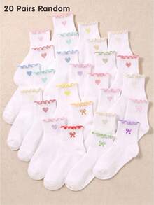 20/10/5 Pairs Random Sweet Heart Ruffle Trim Girls Socks, Soft Breathable Mid-Calf Socks, Back To School Autumn Socks, Halloween Christmas Party Socks - Multicolor - View 7