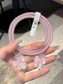 1 Set 3D Bow Data Cable Protector Compatible With Apple 18W/20W, Crystal Bow Data Cable Protector Set, Portable Digital Accessory, Holiday Gift, Cute Korean Style For Girlfriend And Best Friend - Pink Crystal Bow - View 6