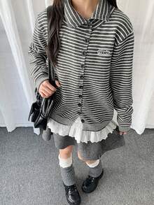 復古美式條紋翻領女款針織開襟毛衣 秋冬輕量保暖針織開襟衫 - 黑條紋 - 查看 3
