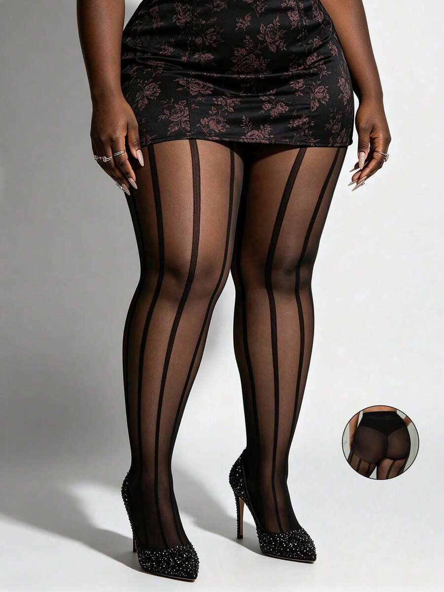 1 Pair Plus Size Black Vertical Stripe Jacquard Tights For Women – Ultra Sheer High Stretch Pantyhose - Multicolor - View 1