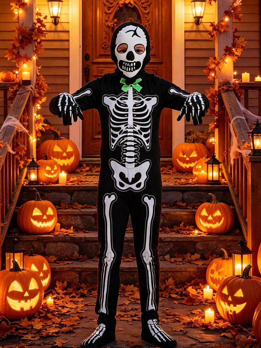 4pcs Boys' Glow-In-The-Dark Horror Bowknot, Skeleton Jumpsuit Costume For Halloween Cosplay Party Performance - Multicolor - View 1
