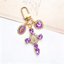1Pc Fashion Gold‑Plated Multicolor Rhinestone Cross Bag Charm, Clear Crystal Virgin Mary Medal Heart Dangle Key Ring, Vintage Religious Catholic Pendant, Lobster Clasp Handbag Hanging Decoration, Meaningful Prayer Gift For Women Girls - Multicolor - View 12