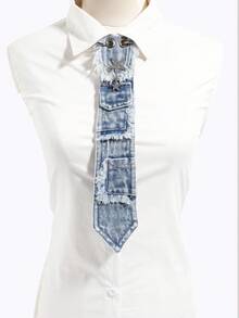 1PC Washed Distressed Denim Frayed Pocket Star Chain Decor Tie, Street Y2K Subculture Outfit Accessory - Multicolor - View 2