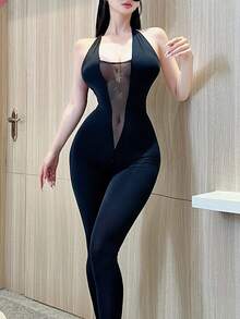 Women's Sexy Transparent Crotchless Bodysuit, Club-Style Polyester Veined Body Stockings With Contrasting Lace Details, Solid Color Knit Fabric, Role-Playing Costume. - Black - View 2