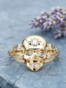 1Pc Halloween Men's Skull‑Shaped Cubic Zirconia Openwork Ring, Cool Ornament For Daily Wear Holiday Party, No Box. - Gold - View 4