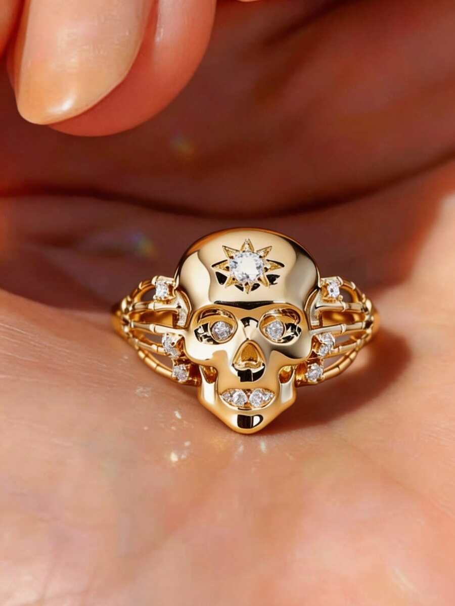 1Pc Halloween Men's Skull‑Shaped Cubic Zirconia Openwork Ring, Cool Ornament For Daily Wear Holiday Party, No Box. - Gold - View 1