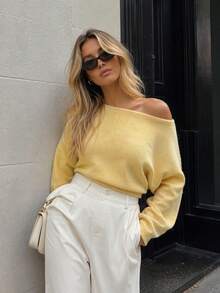 Pale Yellow Cold Shoulder Loose Soft Knit Sweater For Women, French Gentle Sexy Style, Early Autumn Date, Store Visit, Daily Street Wear - Yellow - View 1