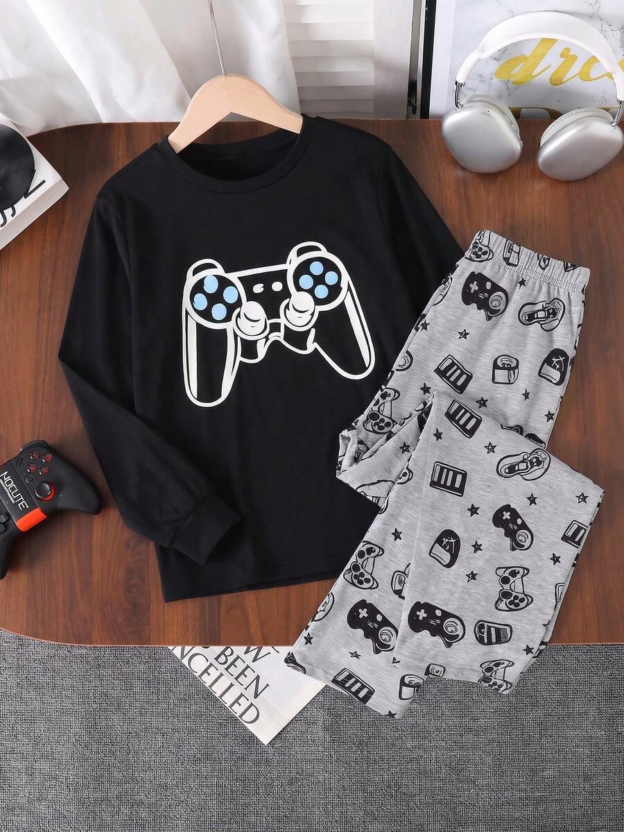 Boys Game Controller Print Pajama Set, Round Neck Long Sleeve Top + Elastic Waist Print Pants, Soft Breathable Children's Loungewear - Black - View 1