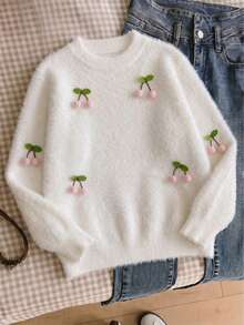 Girls Cute Gradient Cherry Faux Mink Knit Pullover Sweater, Suitable For Daily Wear, Vacation, Spring, Autumn, Winter - White - View 1