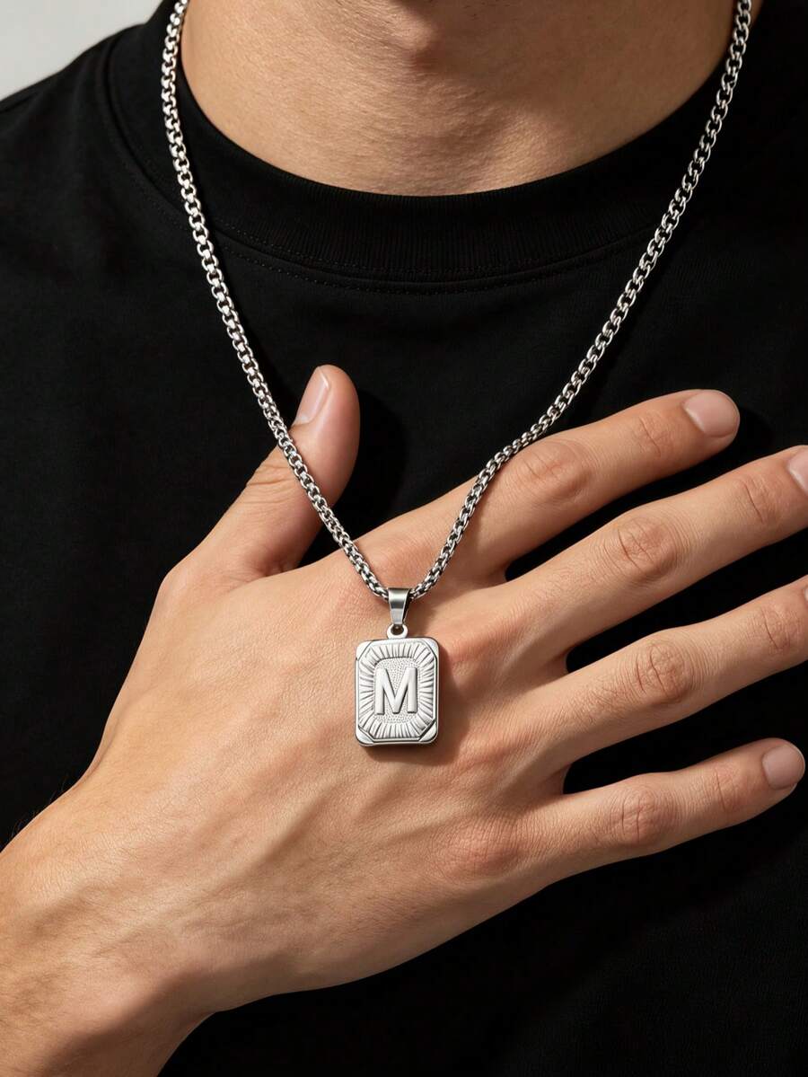 MECYLIFE 1pc 26 Letters Engraved Square Shaped Pendant Necklace Suitable For Men