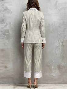 Urban Elegant Lace Patchwork Striped Long Sleeve Blazer With Pockets And Lining, And Casual Long Pants With Elastic Waistband, Suitable For Daily Commute, Office, Party, Holiday, Campus And Other Occasions - Apricot - View 4