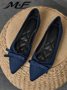 WHDXY Women's French Style Flat Shoes, Pointed Toe Bowknot Low Vamp Black Retro Loafers, Versatile & Elegant - Navy Blue - View 1