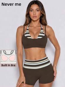 Never me Women's Striped Patchwork Halter Neck Sports Shorts Set, Yoga Pilates Outdoor Jogging Daily Commute Outfit - Brown - View 3