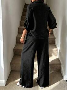 Women's Plus Size Spring/Summer Drawstring Tie Sleeve Minimalist Commuter Blouse - Black - View 5