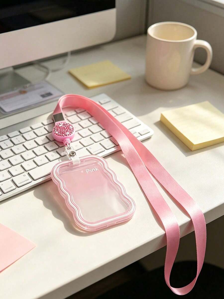 Cute Wavy Edge Gradient Transparent ID Card Holder With Lanyard,Ins Minimalist Soft Silicone Card Sleeve,Shiny Rhinestone Round Retractable Badge Reel - Multicolor - View 1