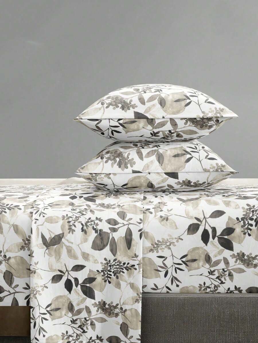 4-Piece Leaf & Branch Pattern Bedding Set, Easy-Care Soft Bedding Set, Fitted Sheet Set (1 Flat Sheet + 1 Fitted Sheet + 2 Pillowcases), Fitted Sheet Set, Suitable For King, Queen, Full, Twin, Deep Pocket Design, Pillowcases Up To 11.8 Inches, Soft & Breathable, Wrinkle-Resistant - Grey - View 1