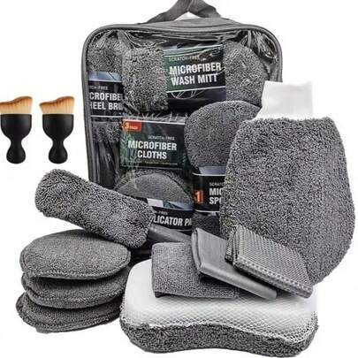 11-Piece Microfiber Car Wash And Detailing Kit - Includes Tire Brush, Scratch Repair Pad, Detailing Sponge, Cleaning Gloves, Applicator, Etc., Premium Interior And Exterior Car Care Tools, Gentle And Non-Damaging To Paint, Durable And Reusable, Essential For Interior Cleaning, Durable Cleaning Tools, Soft Touch Gloves, Car Cleaning Supplies