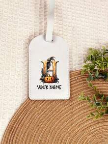 Custom Name Halloween Pumpkin Initial Luggage Tag, PU Leather Personalized Suitcase Label, Travel Accessory Halloween Christmas Gift - White - View 8