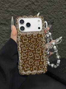 1pc Coffee Brown Base Simple Ghost Star Moon Heart Halloween Full Print Pattern Anti-Fall High Transparency Transparent Silicone Soft Shell Material Wavy Edge Full Coverage Style Optional Bowknot Silver White Pearl Chain Lanyard Vintage Coffee Brown Ghost Halloween Phone Case Compatible With Apple Android All Models Minimalist Atmosphere Anti-Fall Protective Case - Clear - View 4