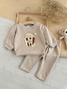 2Pcs/Set Infant/Toddler Popcorn Fleece Embroidered Sweatshirt Set, Spring/Autumn Round Neck Long Sleeve Top & Solid Color Casual Pants, 2 Pieces Children's Outfit - Khaki - View 3