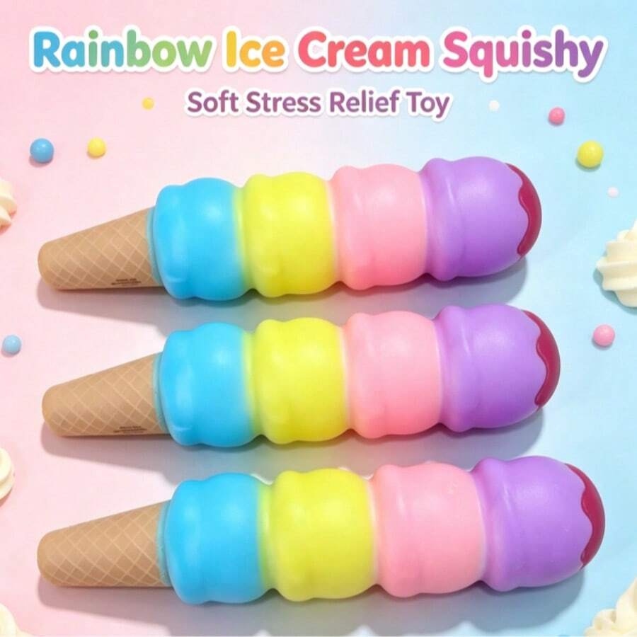 1pc Realistic Rainbow Ice Cream Slow Rebound Squeeze Toy, Cartoon Cone Stress Relief Toy, Desktop Decor Small Gift For Kids And Adults - Multicolor - View 1