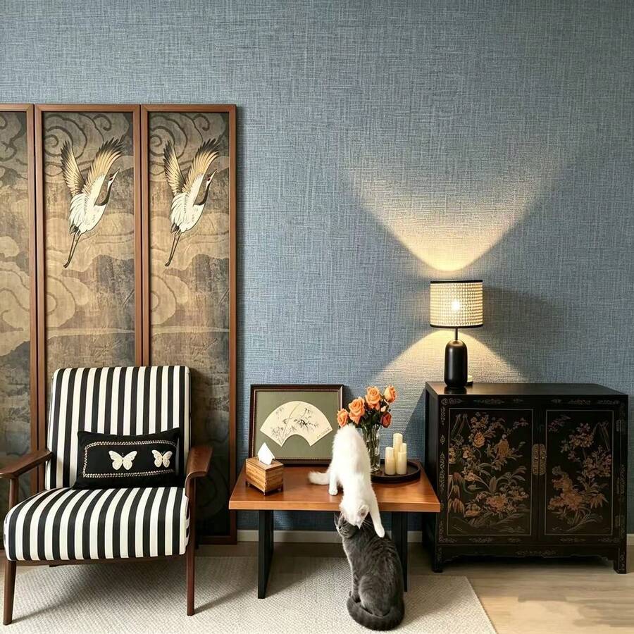 1 Roll Blue Linen Texture Wallpaper, Self-Adhesive Removable Wall Sticker, Suitable For Bedroom, Dining Room, Kitchen Cabinets And Other Wall Surfaces, Removable, Suitable For Countertops, Furniture Renovation, Wall Decoration - Blue Plain Fabric Texture - View 1