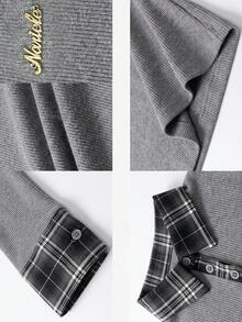 Atasan Dalaman Wanita 2 In 1 Motif Kotak-kotak Patchwork Kerah Polo Merah Lengan Panjang Bahan Halus Potongan Slim Fit - Grey - View 8