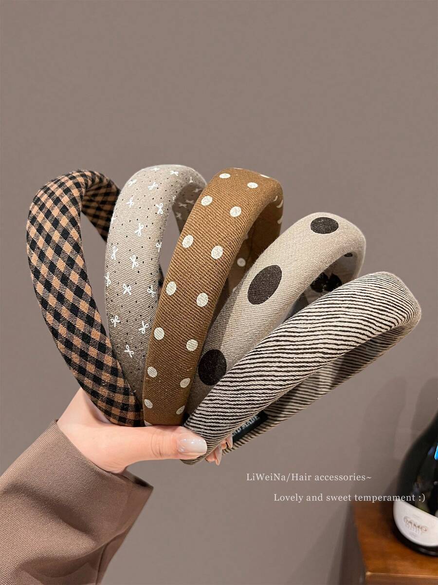 1pc/5pcs Brown Polka Dot Plaid Sponge Headband For Women, High Crown Anti-Slip Hair Hoop For Face Washing, Daily Hair Accessory, Autumn