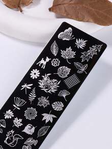 1 قطعة لوحة ختم فن الأظافر غابة الخريف، نمط فن الأظافر حيوان نبات فراشة ورقة القيقب زهرة فطر هندسي، قالب أداة فن الأظافر DIY - فضي - مشاهدة 6