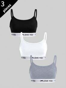 3pcs Tween Girls Camisole Undershirt, Letter Print Wide Bottom Spaghetti Strap Bra, Black Grey White 3 Colors, Skin-Friendly Seamless Breathable Anti-Slip Tank Top - Multicolor - View 2