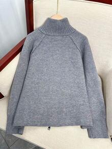 Wixra Korean Style Loose Knit Cardigan, Stand Collar Raglan Sleeve, Double Zipper Top, Solid Color Preppy Style, Autumn/Winter Layering Essential - Light Grey - View 8