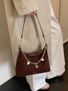 Women's Vintage Suede Texture Bohemian Shoulder Bag, Metal Chain Floral Pendant Decoration, Detachable & Adjustable Strap Crossbody Underarm Handbag - Coffee - View 7