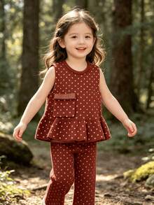 WUHUANG YIYI 2pcs/Set Girls Cute Round Neck Solid Color Polka Dot Pattern Pocket Decor Ruffle Hem Tank Top And Pants Set Loose Fit Casual Daily Outing Autumn - Red - View 7