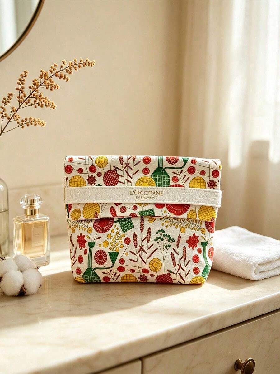 L'Occitane 帆布印花翻蓋化妝包 便攜旅行化妝收納袋 日常使用 度假 生日 節日女性禮物 LOCCITANE‑GIFT‑66 - 黃色+白色 - 查看 1
