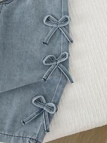 Autumn/Winter Baby Girl Cute Casual Versatile Bowknot Decor Waffle Knit Long Sleeve Top & Elastic Waist Washed Denim Wide Leg Pants Outfit For Outing And Commuting - Light Grey - View 10